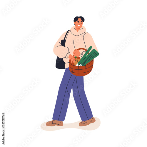 Man walking with grocery basket and tote bag, shopping for natural food produce, vegetables. Happy shopper, consumer carrying healthy products. Flat vector illustration isolated on white background