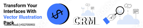 Dollar sign with cloud, CRM text, magnifying glass analyzing data visuals, graphs, and clouds. Ideal for CRM systems, cloud computing, analytics, finance tech startups ads blog headers flat