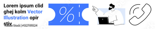 Man with laptop points at discount voucher, phone receiver beside. Ideal for sales, marketing, ecommerce, customer service, communication, contact business growth. Abstract line flat metaphor