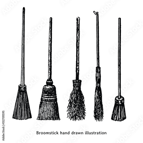 Broomstick illustration. Broomstick hand drawn illustration in vintage style. Set of broomstick drawing