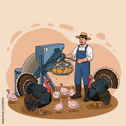 Feeding Turkeys on a Farm with Automated Equipment Illustration