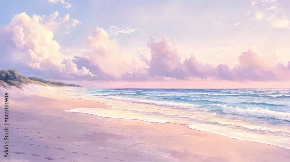 Pastel Seascape with Soft Clouds and Gentle Waves on a Sandy Beach Pastel Seascape with Soft Clouds and Gentle Waves on a Sandy Beach