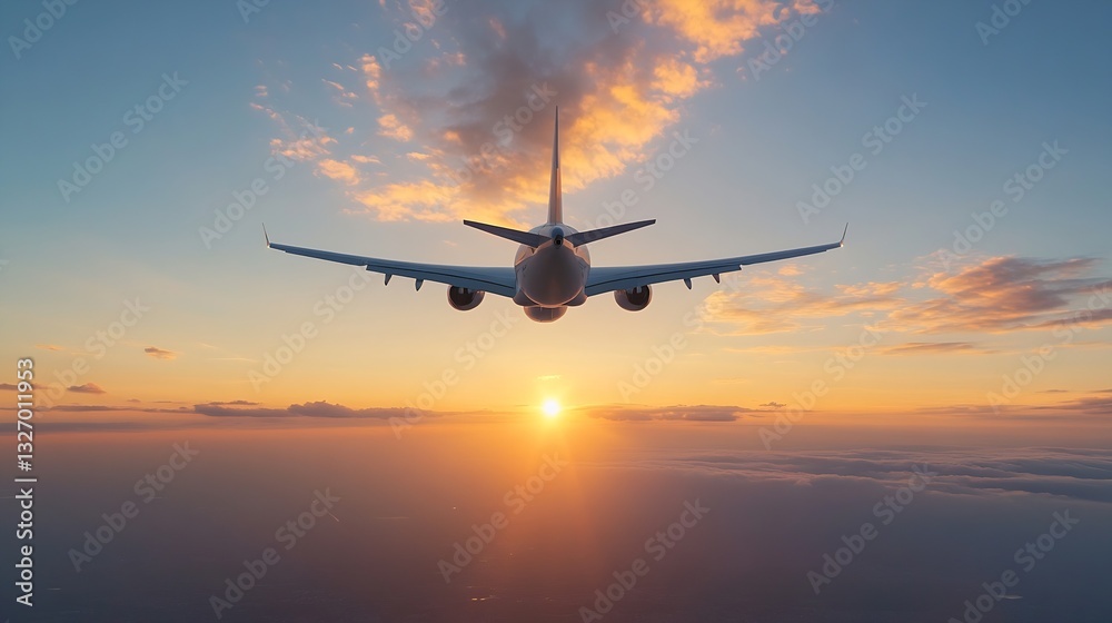 Airplane flying into a stunning sunset with colorful clouds and vast horizon from above : Generative AI Airplane flying into a stunning sunset with colorful clouds and vast horizon from above : Generative AI