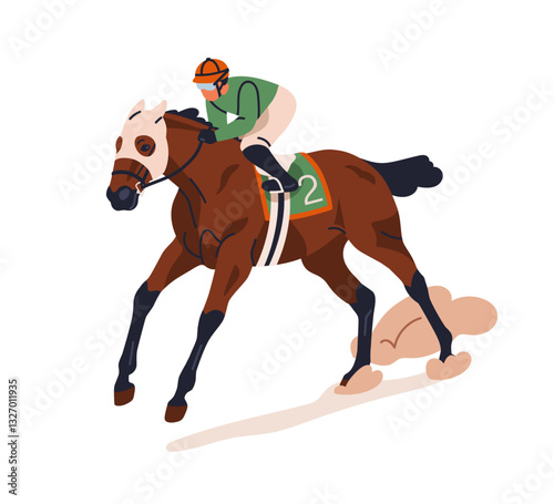 Jockey riding racehorse. Equestrian, rider on stallion, racing, running and galloping on racecource, rushing at fast speed. Betting equine sport. Flat vector illustration isolated on white background