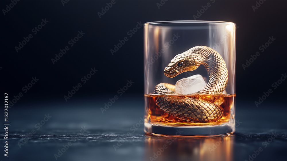 Unique cocktail with a gold snake resting on ice in a glass tumbler filled with amber liquid Unique cocktail with a gold snake resting on ice in a glass tumbler filled with amber liquid