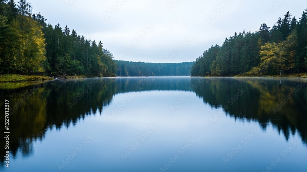 Tranquil landscape of a serene lake surrounded by lush trees and soft reflections in the water : Generative AI Tranquil landscape of a serene lake surrounded by lush trees and soft reflections in the water : Generative AI