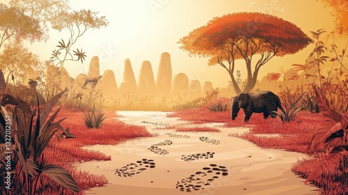 An elephant walks on a path in a vibrant savanna scene
