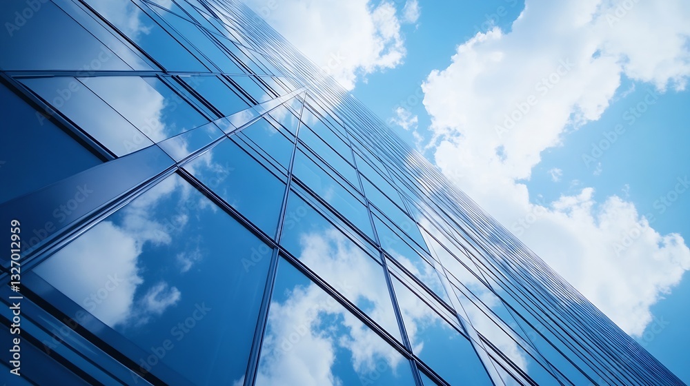 Modern glass skyscraper reflecting blue sky and clouds creating a stunning urban landscape : Generative AI Modern glass skyscraper reflecting blue sky and clouds creating a stunning urban landscape : Generative AI