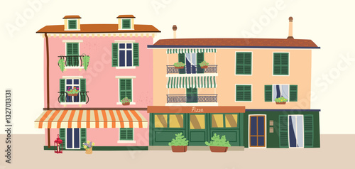 Trendy warm colored houses with flowers on balcony and pizza restaurant in Italian style. Hand drawn European city architecture illustration in modern flat vector illustration style.
