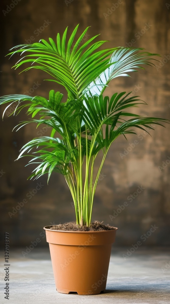 Lush areca palm in terracotta pot against a textured wall providing a tropical indoor plant decor and natural light for a vibrant home environment Lush areca palm in terracotta pot against a textured wall providing a tropical indoor plant decor and natural light for a vibrant home environment
