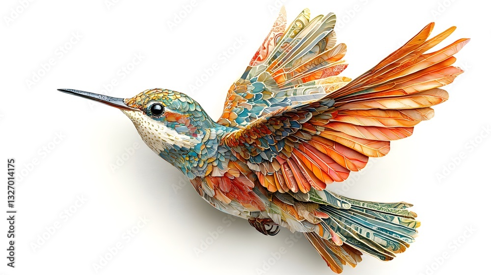 Obraz premium A beautifully crafted bird made of paper symbolizing freedom and wealth with american dollar banknotes in the background