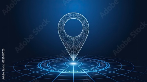 Abstract location pin on laptop screen. GPS concept. Low poly wireframe vector illustration in futuristic hologram style on a technology blue background. Monochrome light illustration with 3D effect  