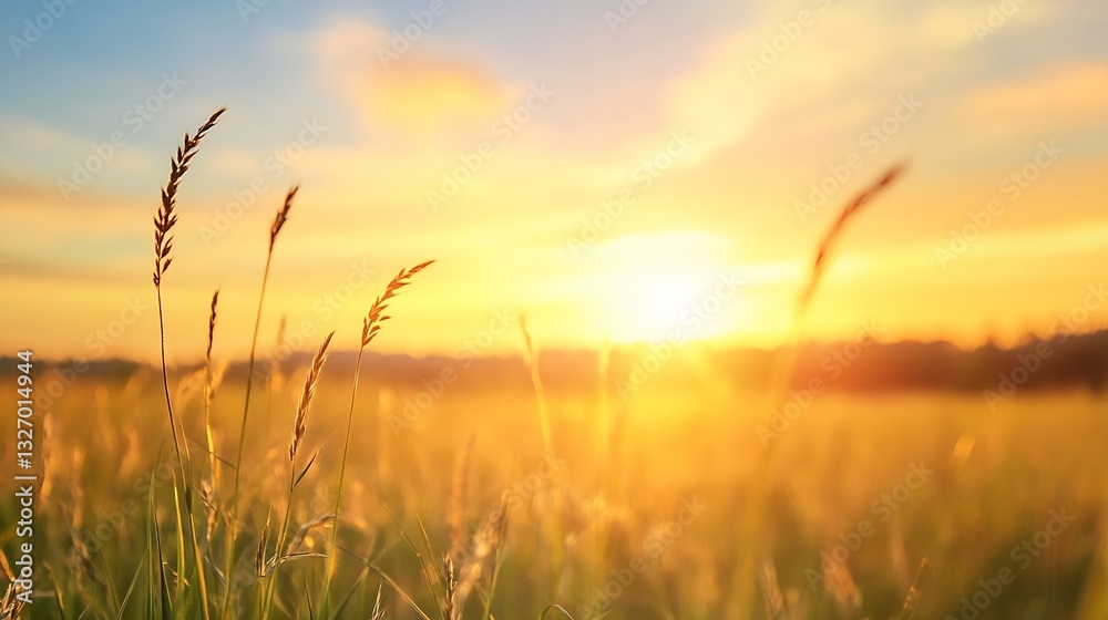 Fototapeta premium Golden Sunrise Over Serene Field with Delicate Grasses Dancing in the Breeze : Generative AI