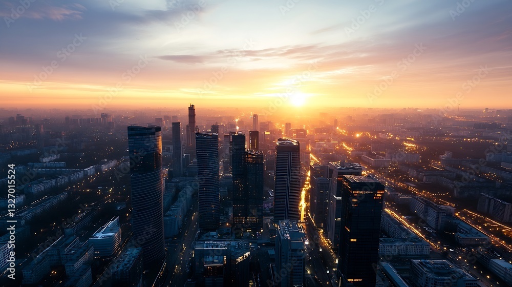 Obraz premium Stunning Urban Sunset Over Skyscrapers with Glowing City Lights and a Dramatic Sky : Generative AI
