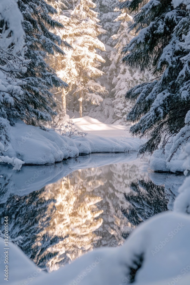 Obraz premium Sunlit snowy forest stream winter reflection nature postcard