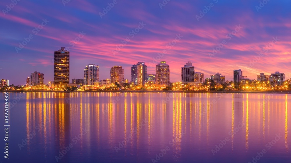 Fototapeta premium Vibrant city skyline at dusk reflecting on calm water with colorful clouds and light