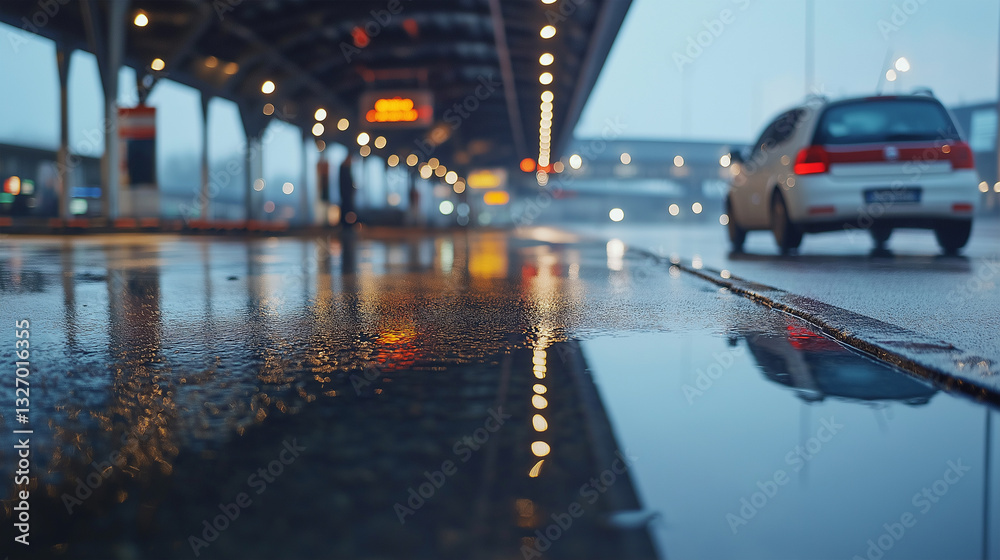 Rainy Airport Taxi Stand with Car Approaching in Distance Rainy Airport Taxi Stand with Car Approaching in Distance