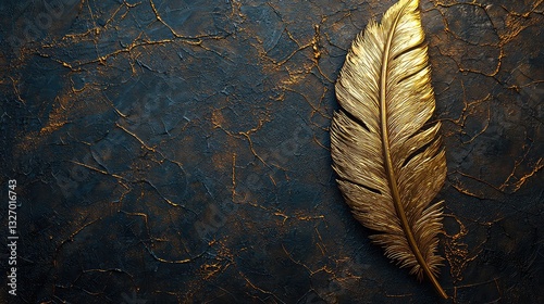 Golden Feather on Dark Textured Background Luxury Elegant Design Concept for Invitation Card or Branding Project