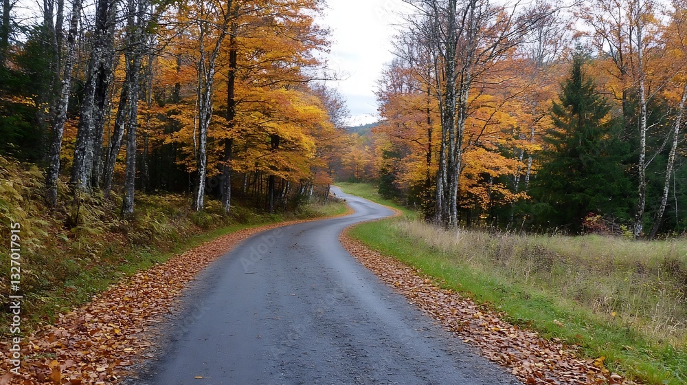 Scenic winding road through vibrant autumn trees capturing the essence of fall colors : Generative AI