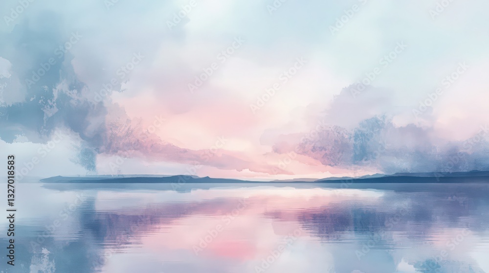 Watercolor Serenity: Gentle Skies Reflected in Tranquil Water Surface