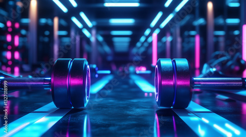 Dumbbell on wet gym floor with neon lighting.