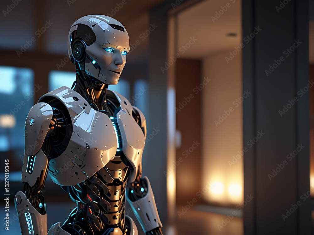 Futuristic AI-Powered Robot Assistant Operating Smart Home Futuristic AI-Powered Robot Assistant Operating Smart Home