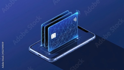 Abstract polygonal bank card on a phone. Online payment and banking. Digital money wallet in blue. Technology and finance concepts. Pay technology background. Futuristic low poly vector illustration 