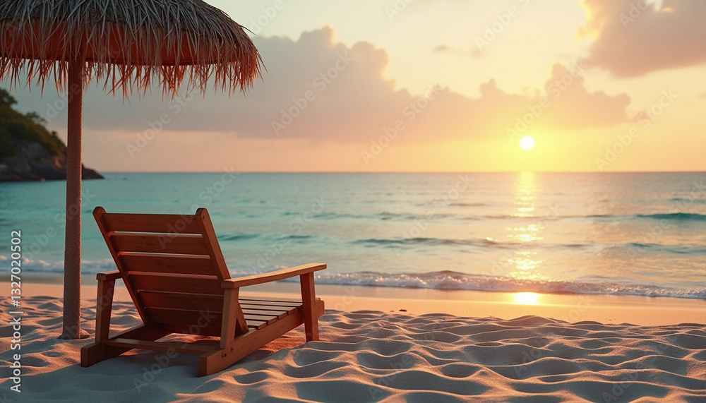 Tropical Beach Sunset – Relaxing Seaside Scene with Lounge Chair & Palm Shade