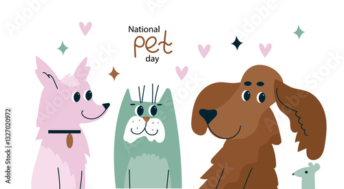 National Pet Day banner. Cute pet characters. Cartoon flat Vector illustration  for poster, banner, flyer, Greeting card. 