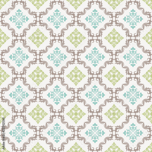 Damask pattern consists of curved flowers and leaves. The design uses soft colors, making the image easy on the eyes and suitable for interior decoration that requires classic luxury.