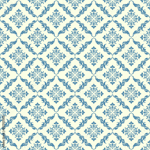 Blue and white seamless damask fabric pattern. Luxurious symmetrical floral pattern. Perfect for textile design, wallpaper or background.