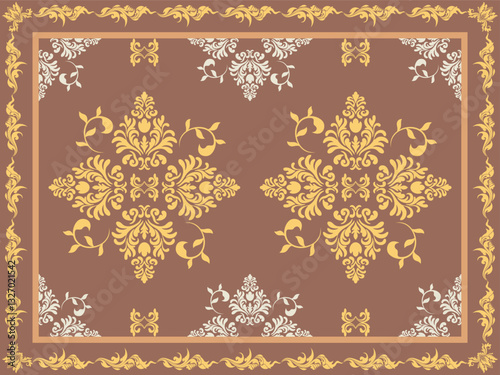 Damask carpet in golden brown and white, with luxurious symmetrical floral patterns and matching borders, suitable for classic, vintage or luxurious styles.