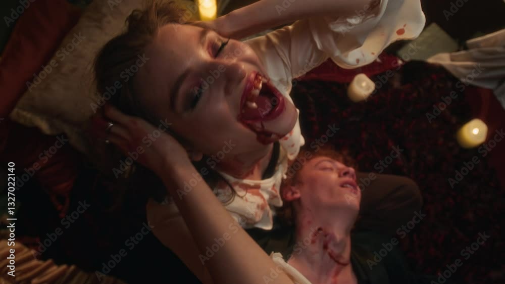 High angle portrait shot of sinister vampire woman with blood-stained chin and fangs holding lifeless head of man with bite marks on his neck in dimly lit, candlelit bedroom