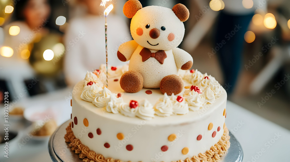 Fototapeta premium A birthday cake is decorated with frosting and a teddy bear, with a lit candle on top