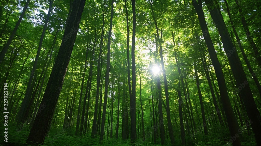 Naklejka premium Dense Forest Filled with Green Trees and Sunlight Filtering Through the Canopy : Generative AI