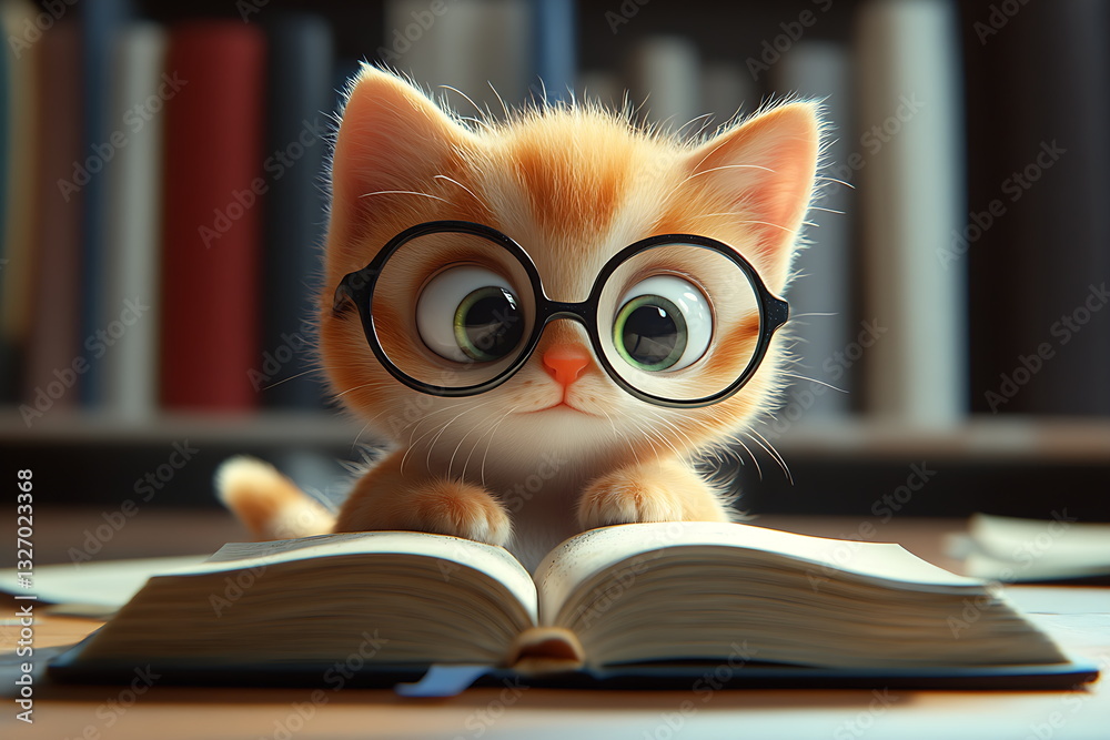A cute, cartoon cat wearing glasses and a cap, holding a book, looking up at the camera in a library setting. A cute, cartoon cat wearing glasses and a cap, holding a book, looking up at the camera in a library setting.