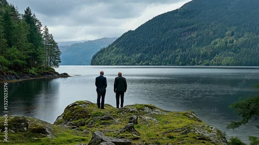 Two figures stand by the tranquil lake surrounded by mountains and lush greenery during overcast weather in the early evening Two figures stand by the tranquil lake surrounded by mountains and lush greenery during overcast weather in the early evening