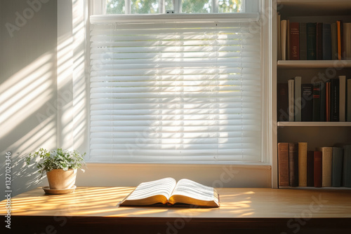 Book on table by window, bathed in sunlight. Shadows cast. Peaceful, tranquil setting with focus on simplicity and connection to nature.