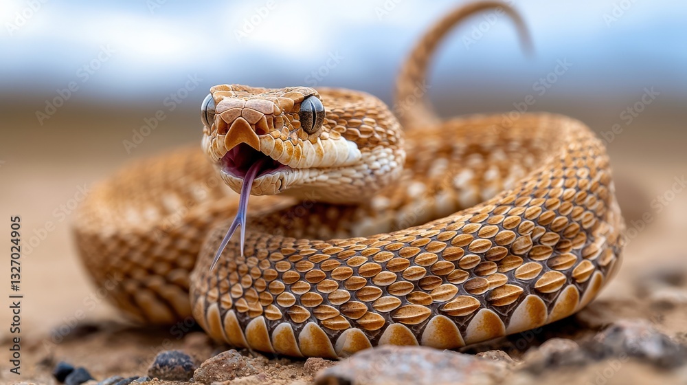 Fototapeta premium A rattlesnake coiled in a defensive posture, tail rattling, fangs bared, desert landscape in the background