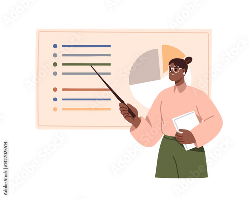 Business woman showing data, statistic chart during presentation, report. Professional speaker, teacher speaking on analysis on MBA lecture. Flat vector illustration isolated on white background