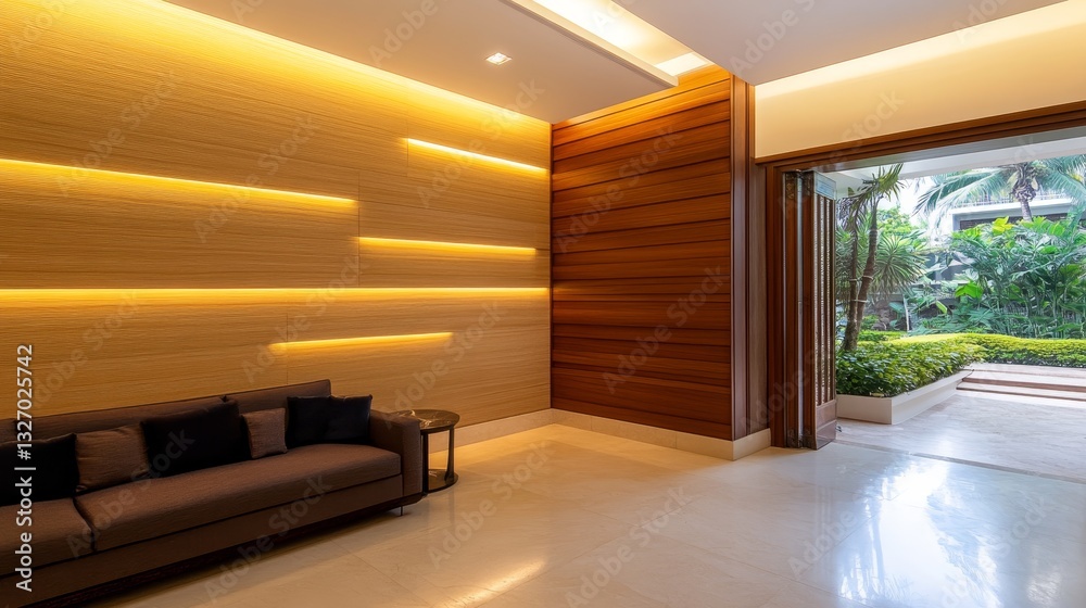 Fototapeta premium Modern interior design of a cozy living room with warm lighting and garden view