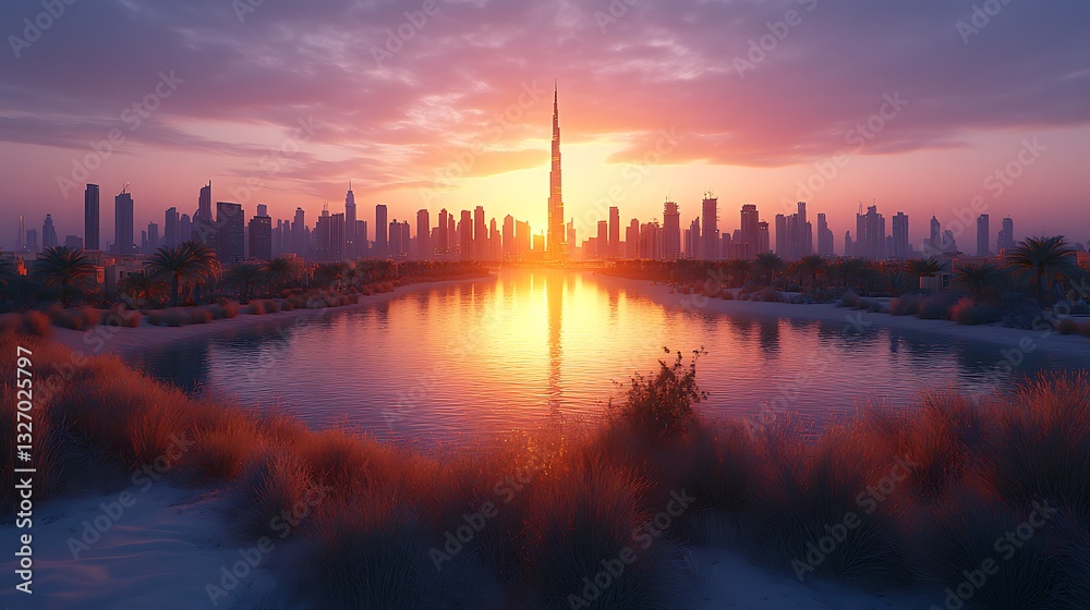 Fototapeta premium Desert Oasis Sunset Cityscape Reflection