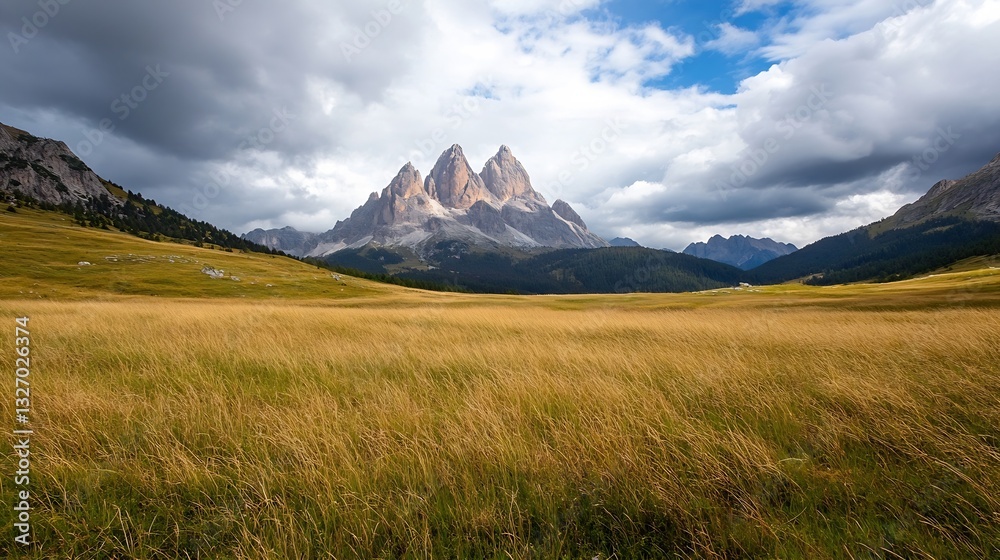 Fototapeta premium Breathtaking mountain landscape with dramatic clouds above golden grassy fields : Generative AI