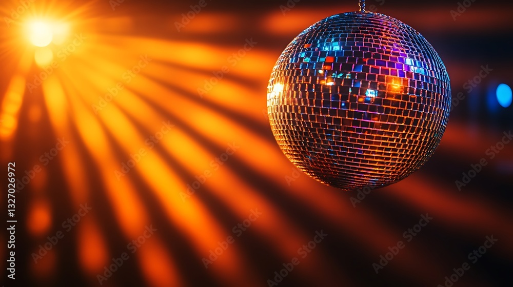 Obraz premium Disco ball hangs, spotlight beams, party background