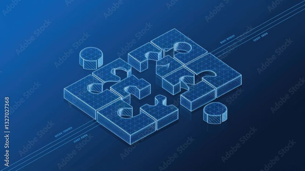 Abstract puzzle pieces. Digital jigsaw icon. Teamwork and business solution concept in a low poly wireframe style with a futuristic hologram effect. Monochrome vector illustration on blue background Abstract puzzle pieces. Digital jigsaw icon. Teamwork and business solution concept in a low poly wireframe style with a futuristic hologram effect. Monochrome vector illustration on blue background