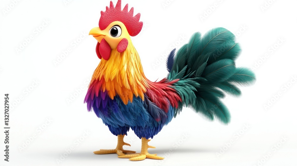 Fototapeta premium Colorful cartoon rooster, studio shot, simple background, use for children's books or greeting cards