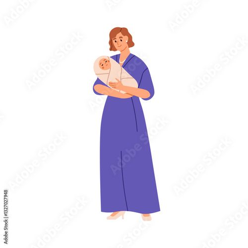 Mother holding newborn baby. Happy woman with wrapped infant in arms. Mom in ...