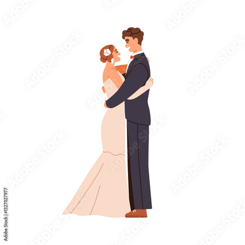 Bride and groom on wedding day. Happy newlywed love couple hugging and smiling. Just married family, romantic marriage celebration. Flat graphic vector illustration isolated on white background