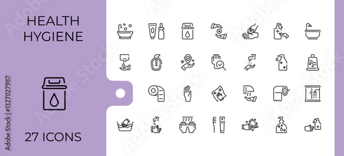 Hygiene minimal icon set. Includes thin line care, clean, sanitary, washing, antiseptic, wash, protection and more. Pixel perfect. Bath vector line icons. Vector icons editable stroke.