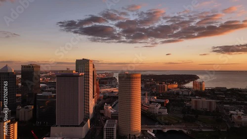Tampa, United States - 01 February 2025: Aerial view of downtown tampa skyline with modern skyscrapers and hillsborough river at sunset, davis islands, florida, united states.